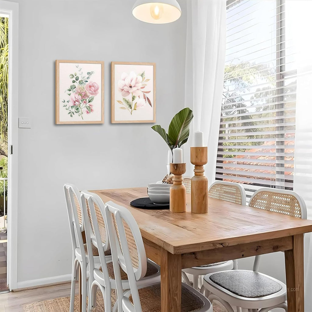 Framed Botanical Wall Art Set of 2, Pink Floral Canvas Prints with Natural Wood Frame & Acrylic Cover, Modern