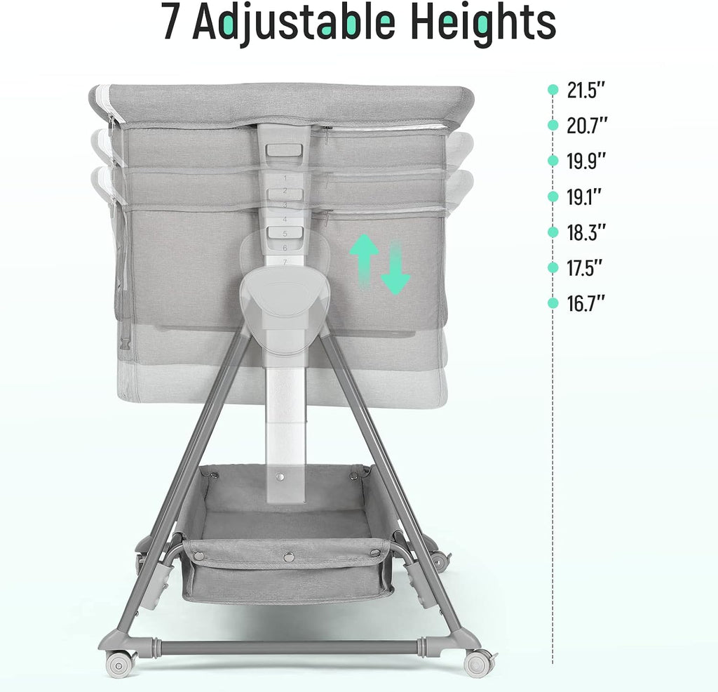 Bassinet Bedside Sleeper, Baby Bassinet with 7 Adjustable Height, Bedside Bassinet for Baby with Storage, Breathable