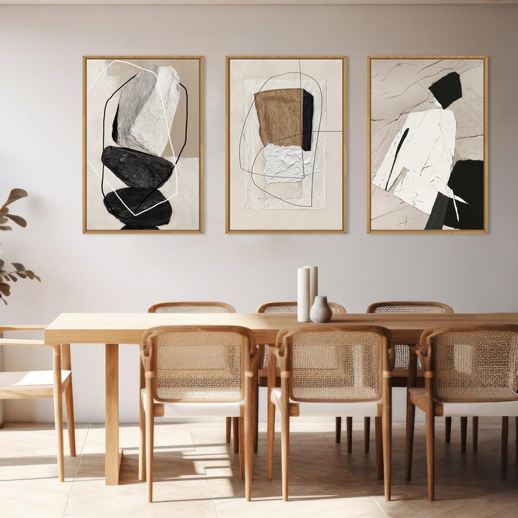 Large Abstract Wall Art Canvas,Black Beige Artwork,Neutral Modern Framed Wall Art, Minimalist Geometric