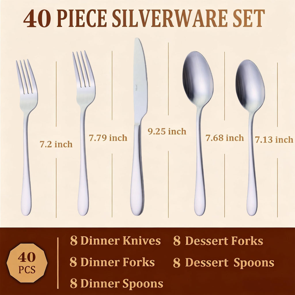 40-Piece Silverware Set & Flatware Set, Hammered Square Handle Silver Stainless Steel Service for 8, Matte Satin