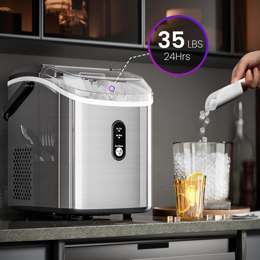 Nugget Ice Makers Countertop,35Lbs/24H,Portable Sonic Ice Machine with Self-Cleaning,One-Click Operation