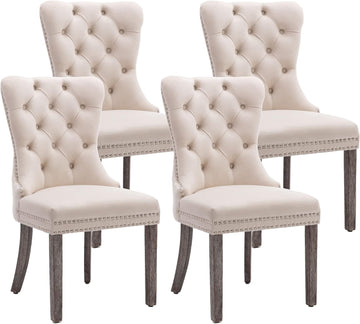 Velvet Dining Chairs Set of 4, Upholstered High-end Tufted Dining Room Chair with Nailhead Back Ring Pull Trim