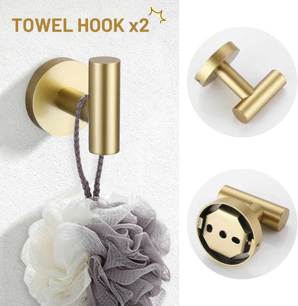 Brushed Gold 4-Pieces Towel Ring Set Include Towel Ring Double Base Toilet Paper Holder Towel Hook SUS304 Stainless