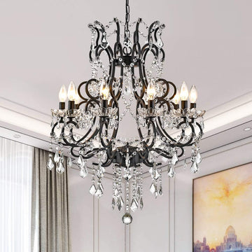 10 Lights Crystal Chandelier, Modern Candle Pendant Light, K9 Raindrop Hanging Lighting Fixture, Adjustable Chain for Living Room, Bedroom, Dining Room, Kitchen Island, Black