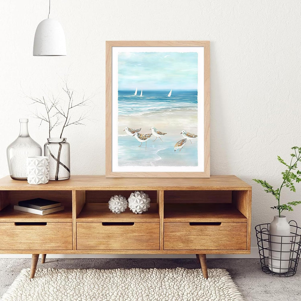Framed Beach Wall Art Set of 2, Coastal Canvas Prints with Solid Wood Frame & Acrylic Cover, Ocean Seaside Painting
