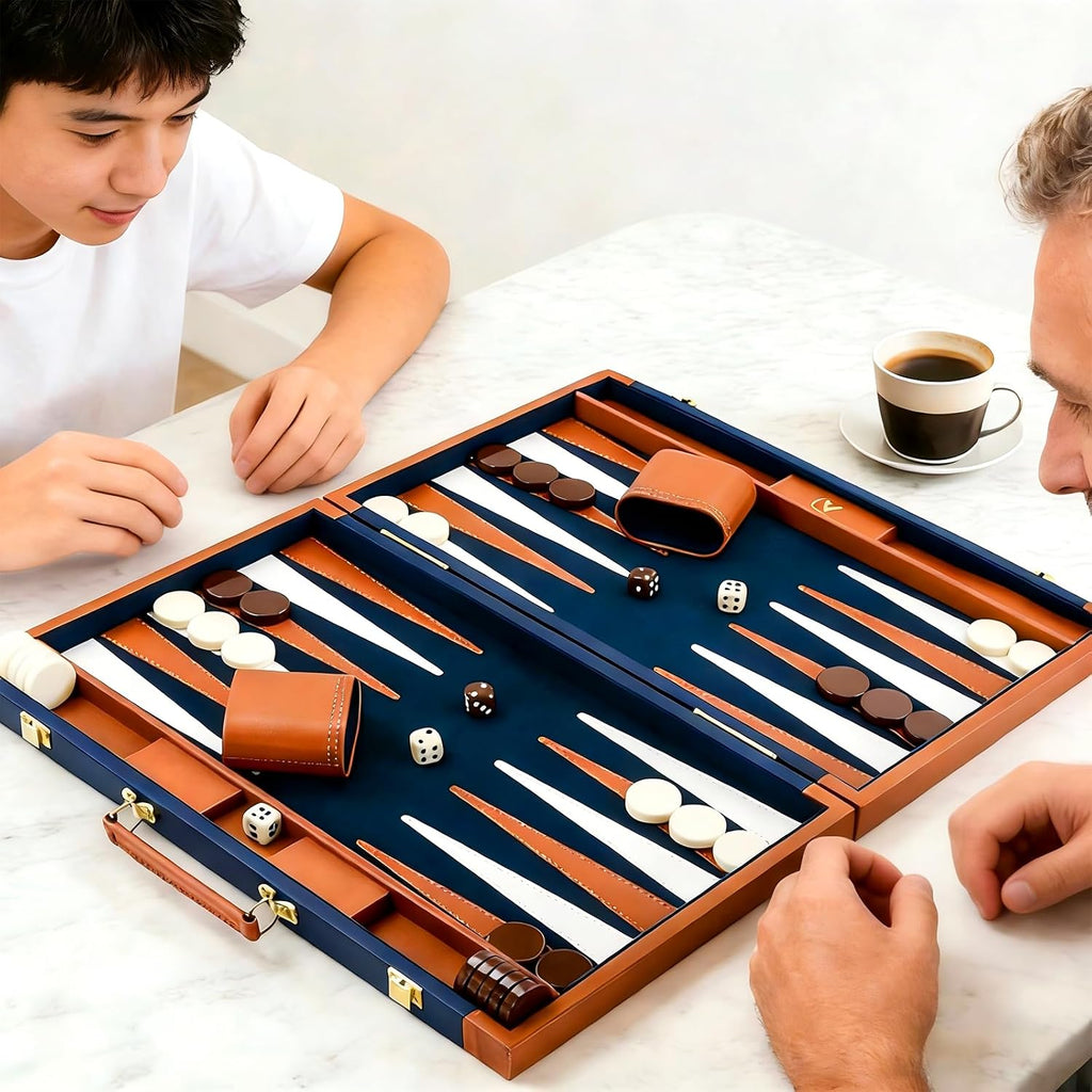 Premium Backgammon Sets for Adults, 17.5 Inch Large Backgammon Board Games, Portable PU Leather Travel Backgammon Set