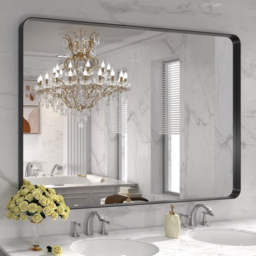 48X32 Inch Black Metal Framed Bathroom Mirror for Wall, Matte Black Bathroom Vanity Mirror Farmhouse, Large Rounded