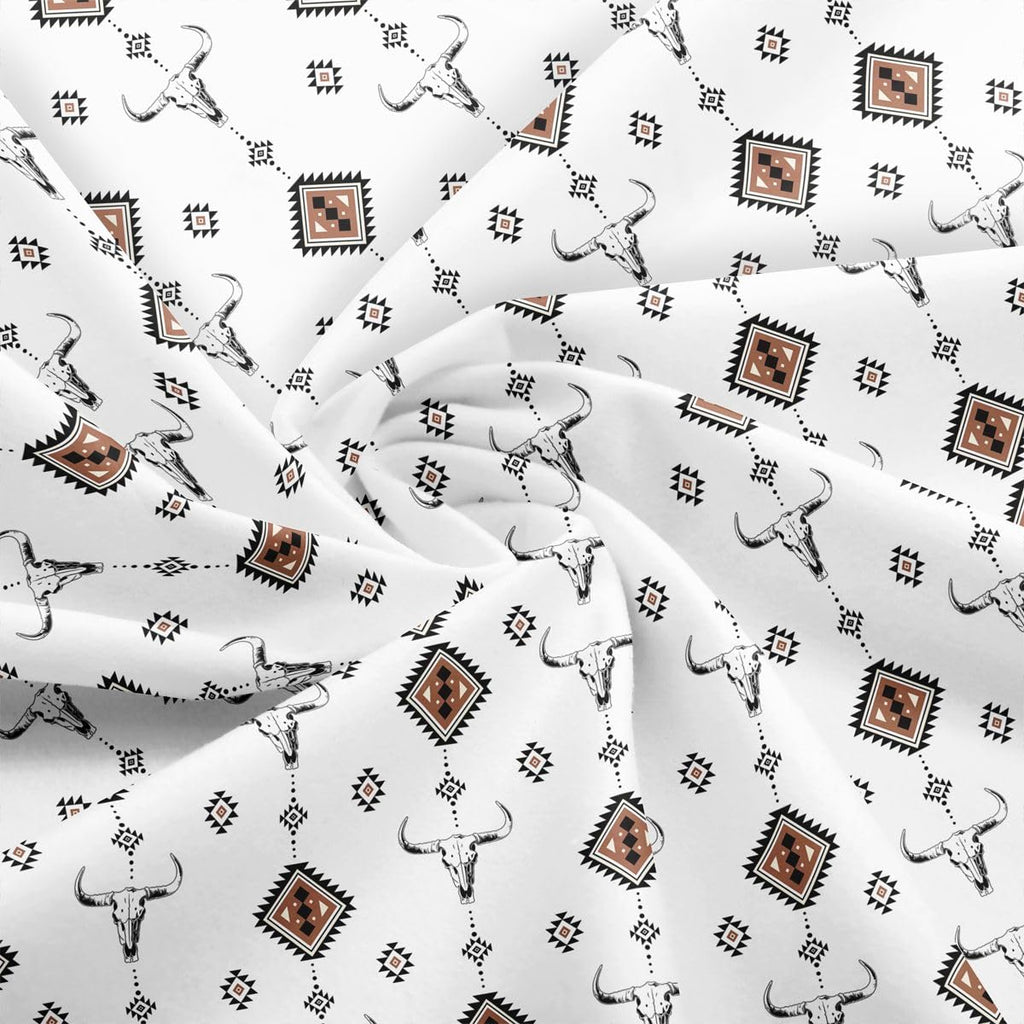 Western Fabric by The Yard, Bull Skull Polyester Fabrics, Southwest Decor Quilting Supplies for Sewing, Geometric Tribal
