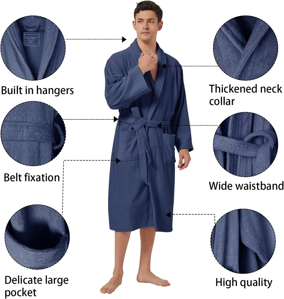 Bathrobe Mens,Pure Cotton Robe for Men,Thick Terry Cloth Bathrobe,Luxury Long Combed Men's Cotton Robe