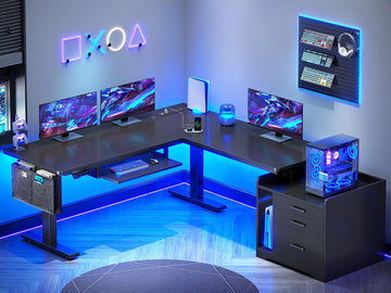 L Shaped Standing Desk with File Cabinet, 3 Drawers, Power Outlet