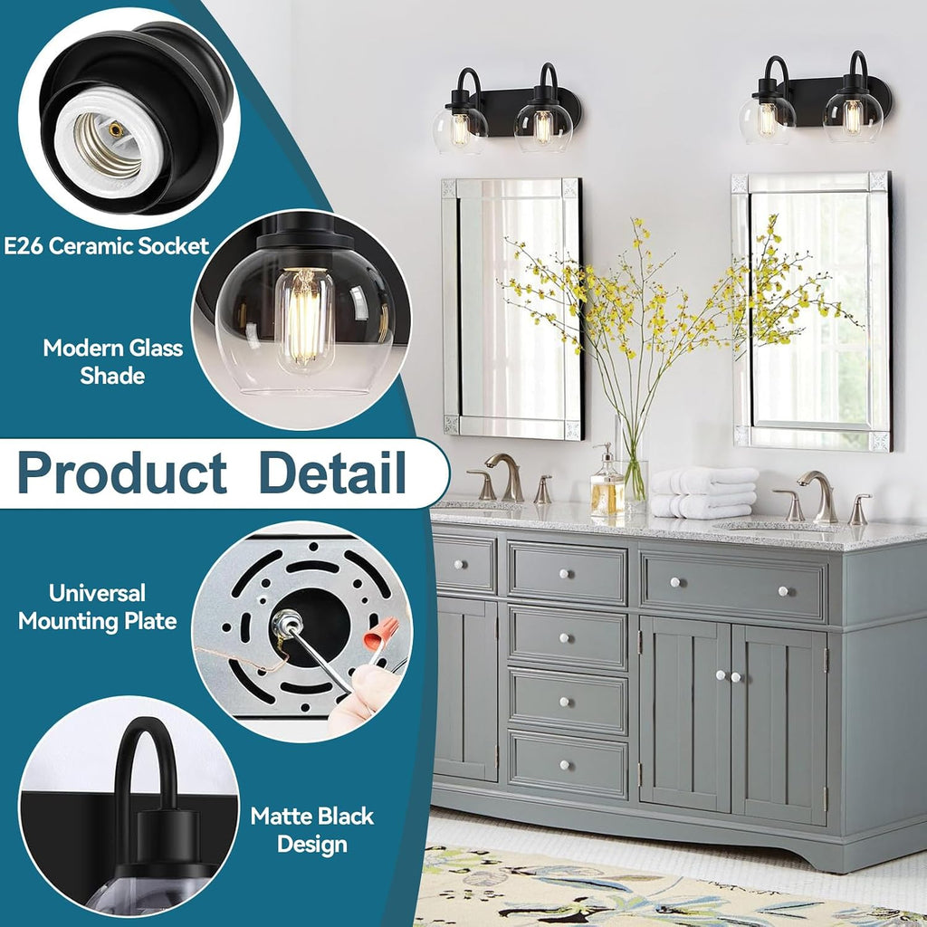 Modern 2-Light Vanity Light, Bathroom Lighting Fixture Over Mirror With Clear Glass Shade and Metal Base, Matte Black