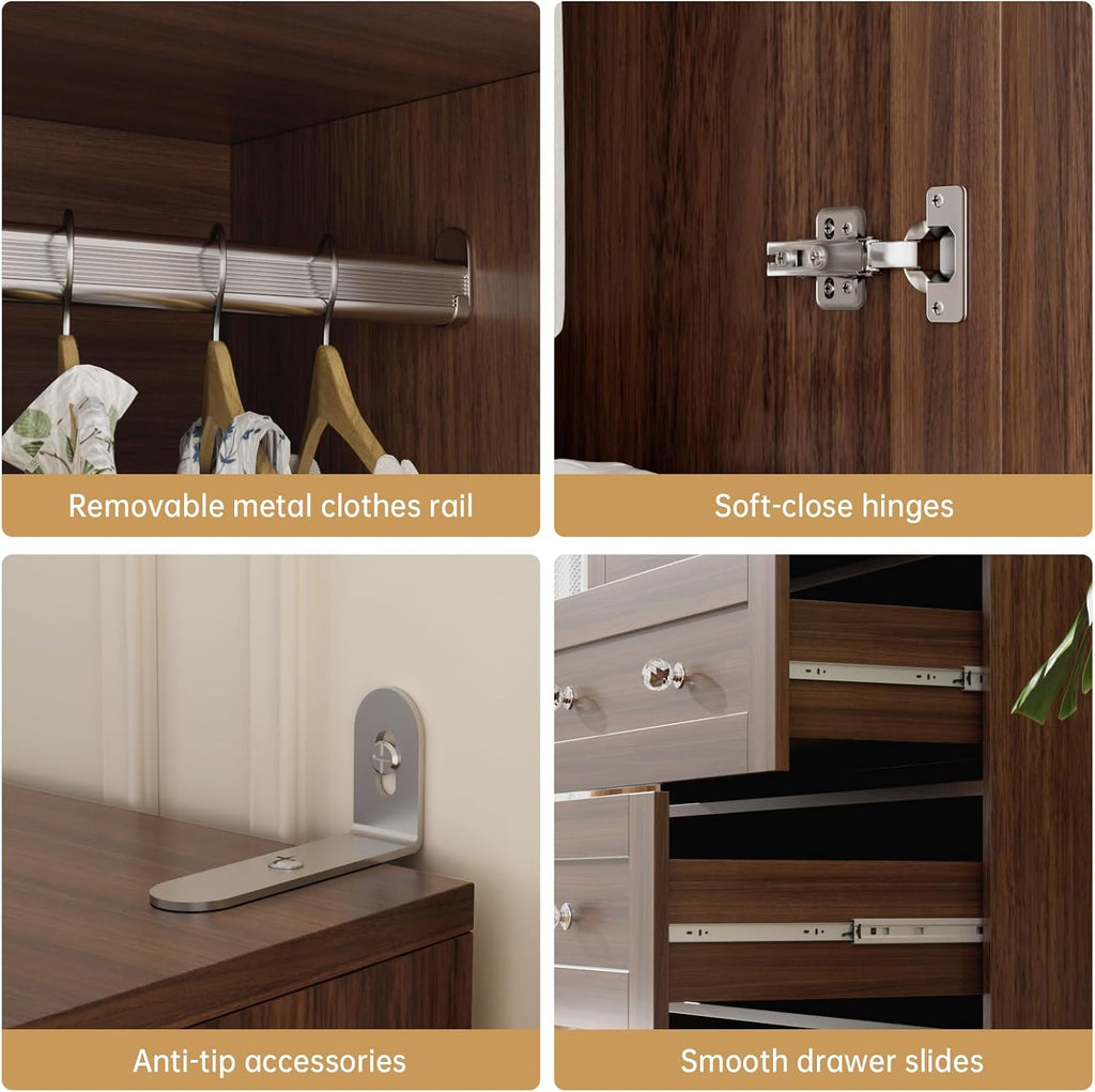 71" Tall Armoire Wardrobe Closet with Drawers and Mirror | Clothing Storage Cabinet with Hanging Rod, 2 Doors Wooden