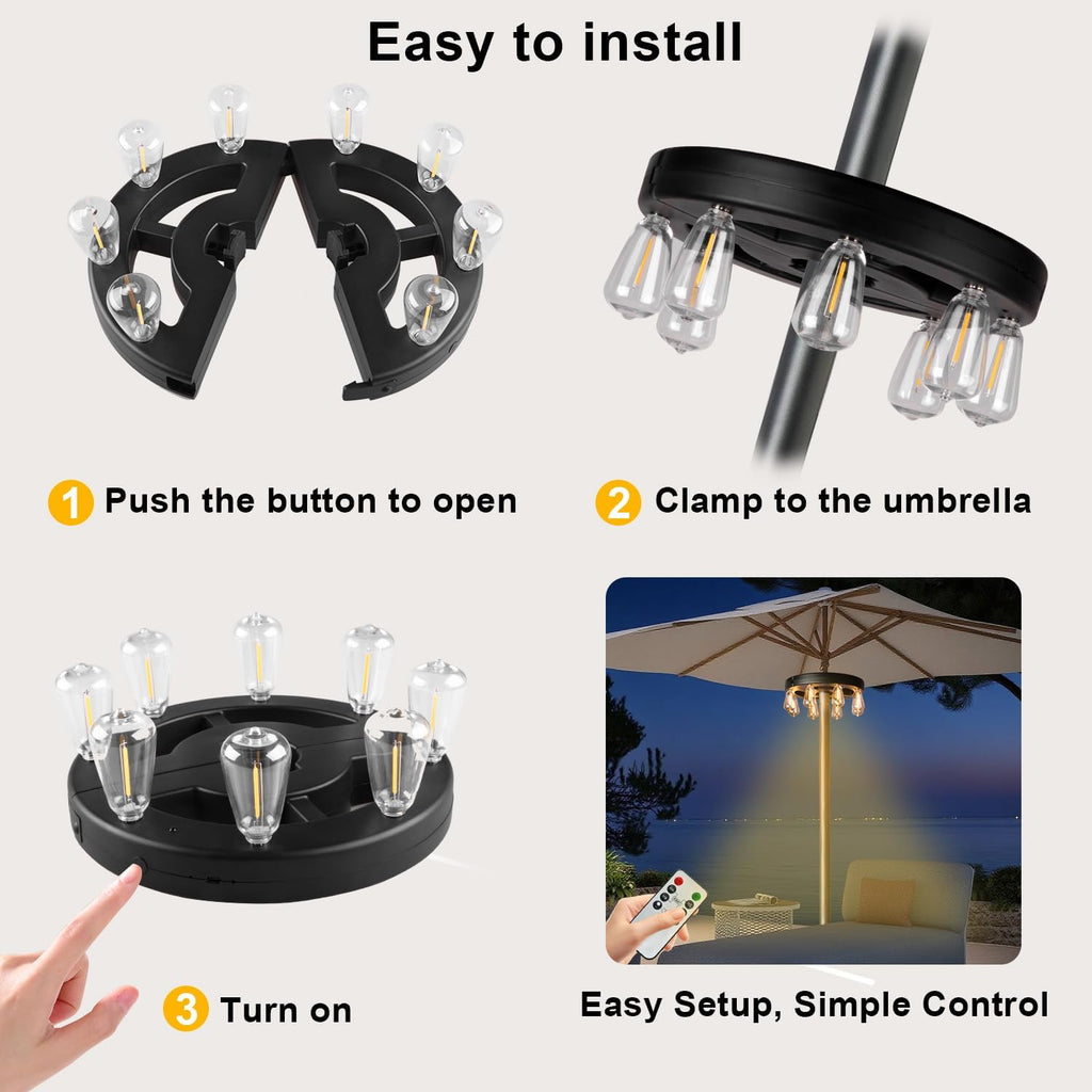 Patio Outdoor Umbrella Lights, Rechargeable Battery Cordless Umbrella Light with 8 Warm White Bulbs 3 Brightness Levels