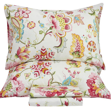 Floral Bed Sheets Set - Boho Lotus Print Bed Sheet Set - Extra Soft and Breathable 100% Egyptian Cotton