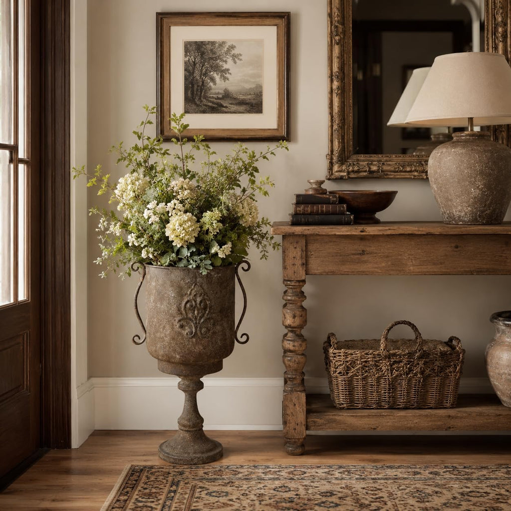 Vintage Tall Urn Planter with Embossed Pattern & Handles, 26 Inch Distressed Rust Iron Decorative Pot, Rustic