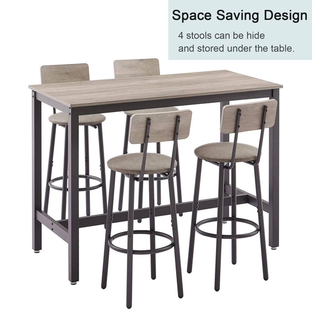 Bar Table and Chairs Set for 4, 5 Pieces Industrial Counter Height Pub Table and 4 PU Soft Stools with Backrest, High