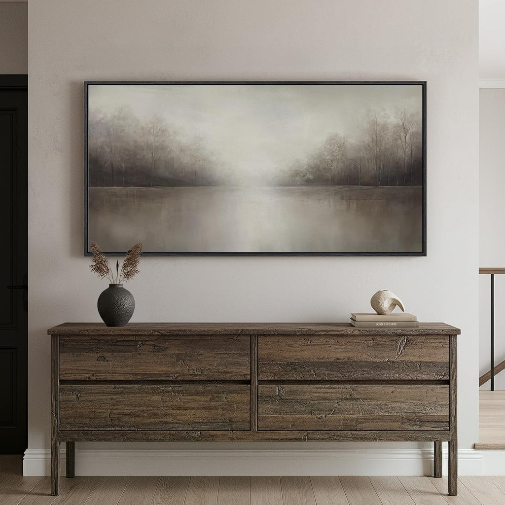 Framed Abstract Landscape Wall Art , Extra Large Brown Misty Lake Trees Canvas Artwork for Walls, Horizontal