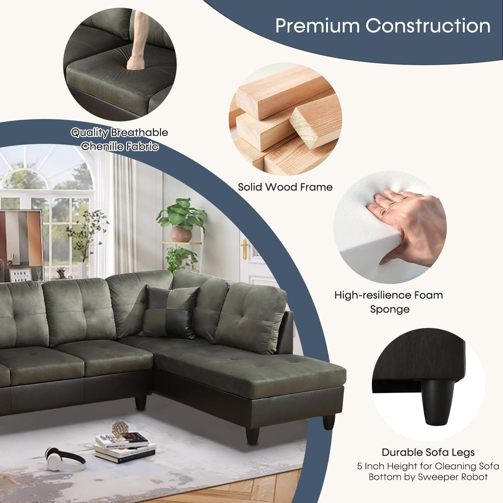 105 Inch L Shaped Sectional Sofa Couch, 4 Seat Modern Fabric Flannel Taupe, 2 Pieces, Includes 2 Pillows, Easy