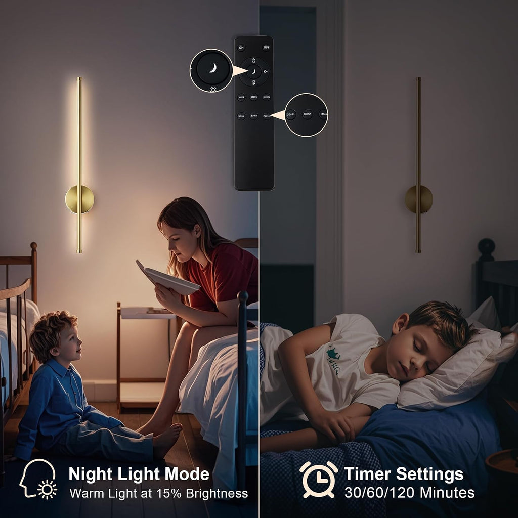 Battery Operated Modern Wall Sconces, Dimmable Wireless Wall Light Set of Two with Remote Control, 3 Color