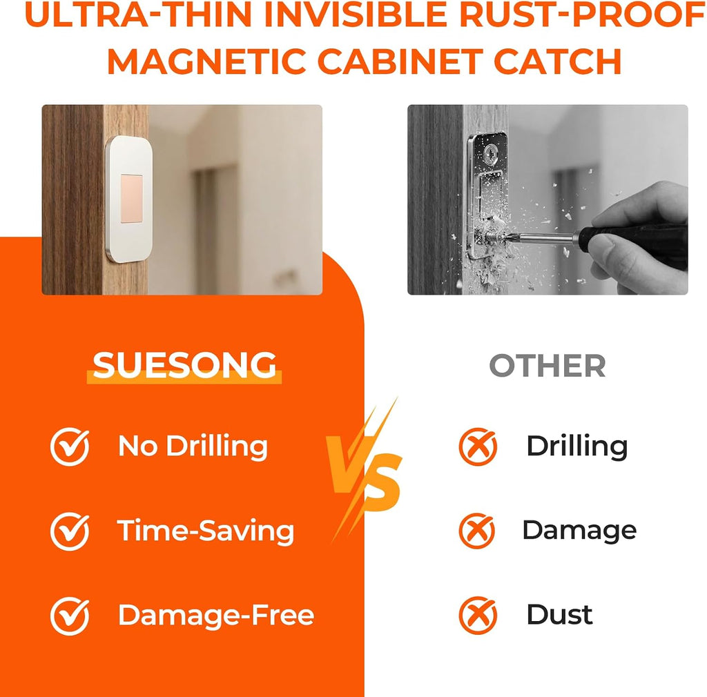 12 Pack Magnetic Cabinet Door Catch, No Drill, Silver, Whole-Home Set | Embedded magnet; stainless steel body; 48