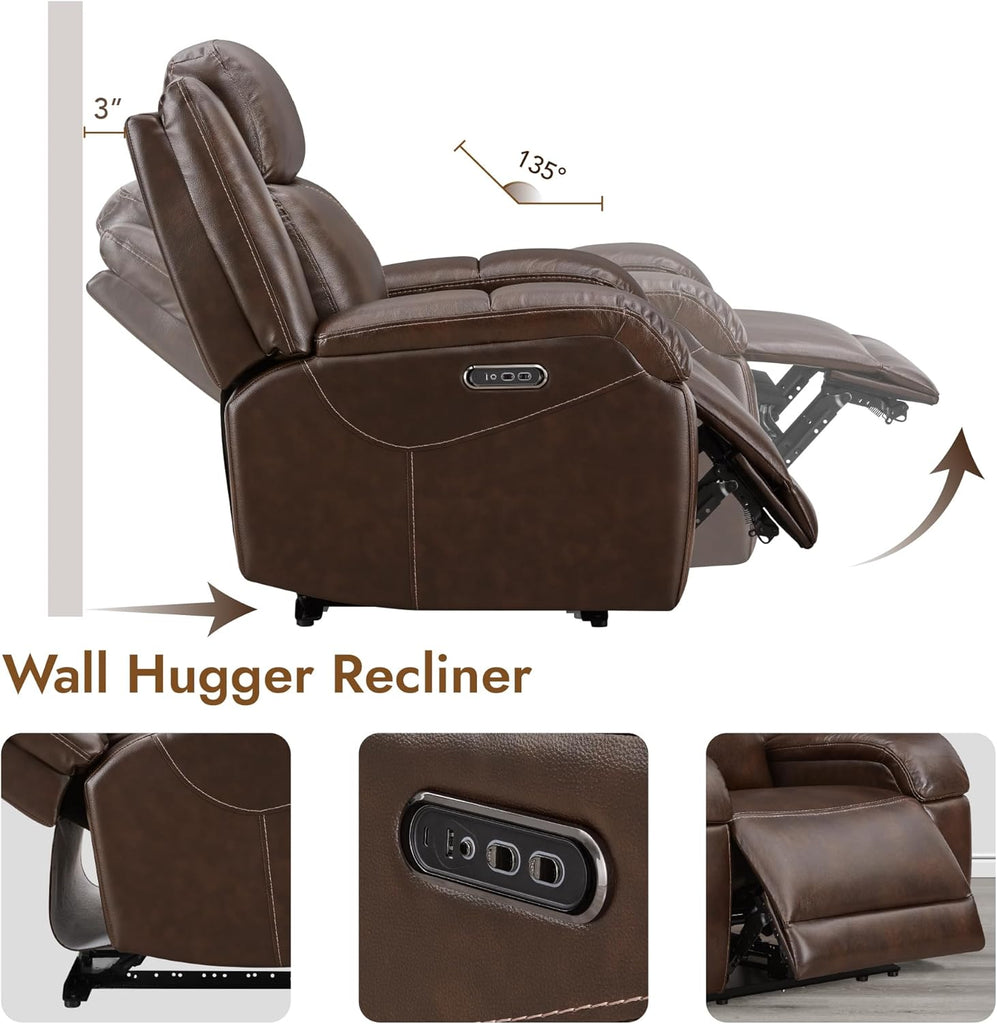 Genuine Leather Power Recliner Chairs for Adults, Wall Hugger RV Recliner with Power Headrest & Charging Ports