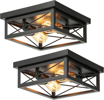 2-Light Industrial Square Flush Mount Ceiling Light, Farmhouse Ceiling Light Fixture for Kitchen