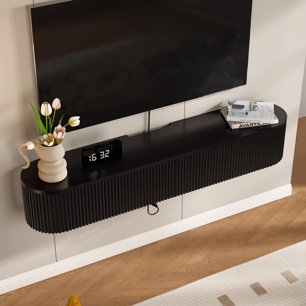 Fully Assembled 47 Inch Floating TV Stand with 2 Flip-Down Doors, Matte Black Wall Mounted Media Console, Modern
