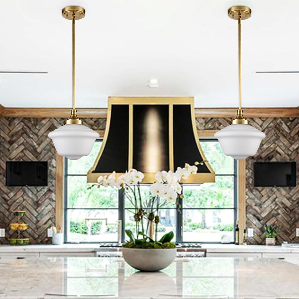 Modern Gold Schoolhouse Pendant Light Fixture | 10-Inch Milk White Glass Pendant Lighting for Kitchen Island