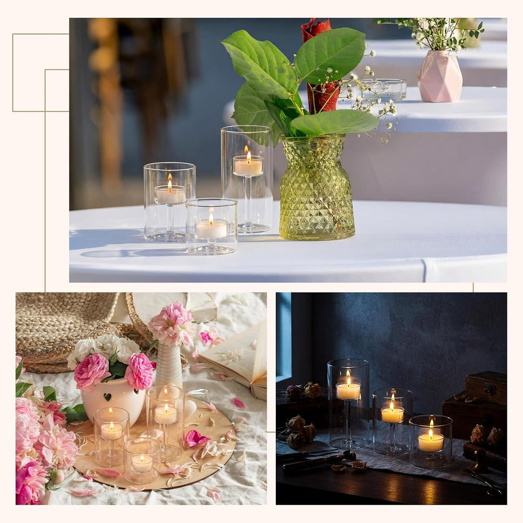 3 Set Hurricane Glass Candle Holders Pillar Votive Hand Blown Clear Cylinder Vase Modern Rustic Table Centerpieces