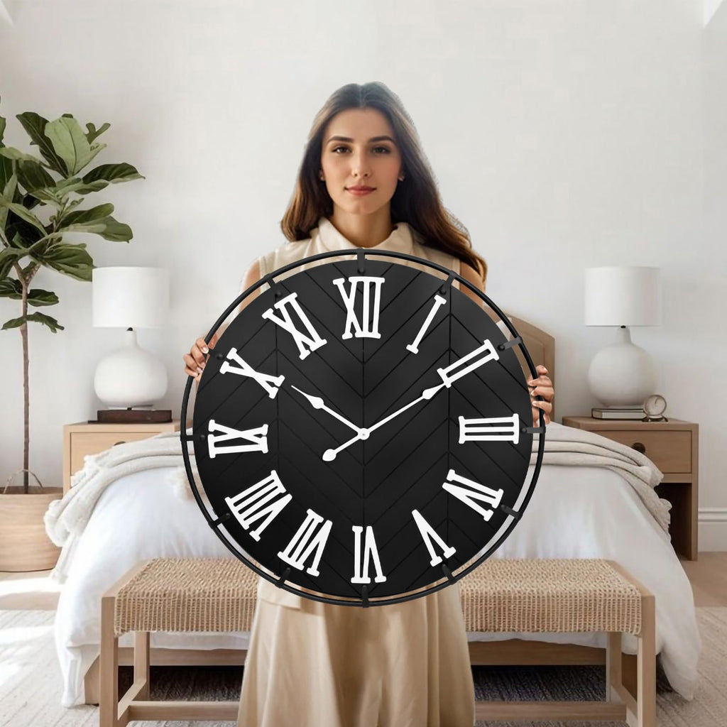 Large Wooden Wall Clock - Extra Large FarmhouseWall Clock with 3D Roman Numerals & Herringbone Splicing, Black Modern
