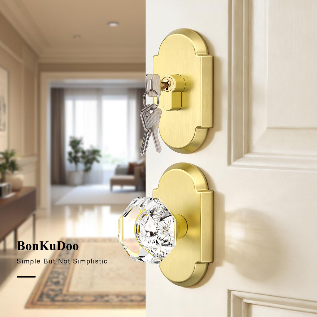 Satin Gold Door Knobs with Deadbolt, Glass Door Knob with Deadbolt Lockset