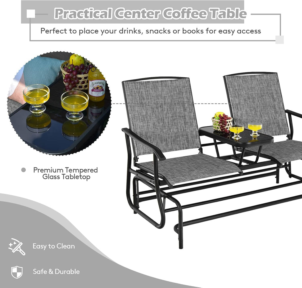 2 Person Outdoor Glider Bench w/Tempered Glass Table, Swing Patio Glider Chair with Steel Frame & Breathable Seat