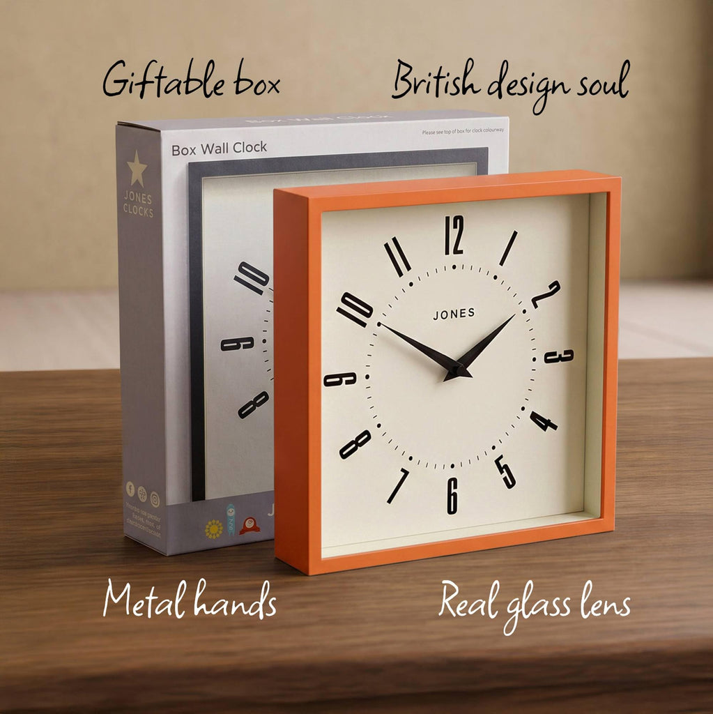 Box wall Clock | Retro Square Clock | 10" | Orange
