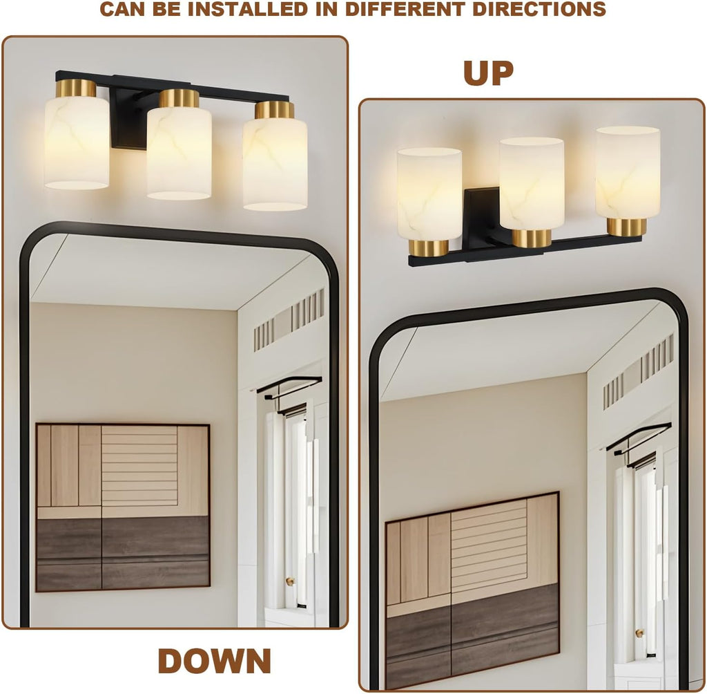 3-Light Bathroom Light Fixtures, Modern Vanity Lights, Black and Gold Metal Wall Lamp with White Marble Glass