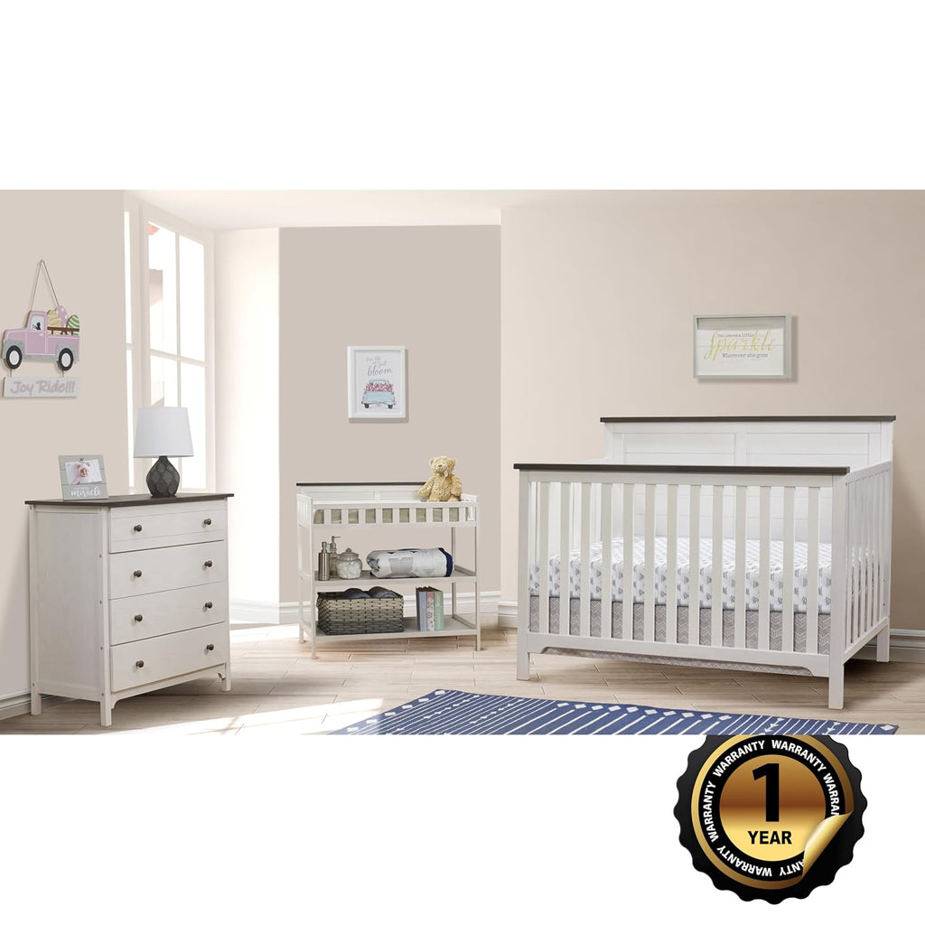 Farmhouse 3-Piece Nursery Set with 4-in-1 Convertible Crib, 4-Drawer Dresser, and Changing Table with Shelves, Baby