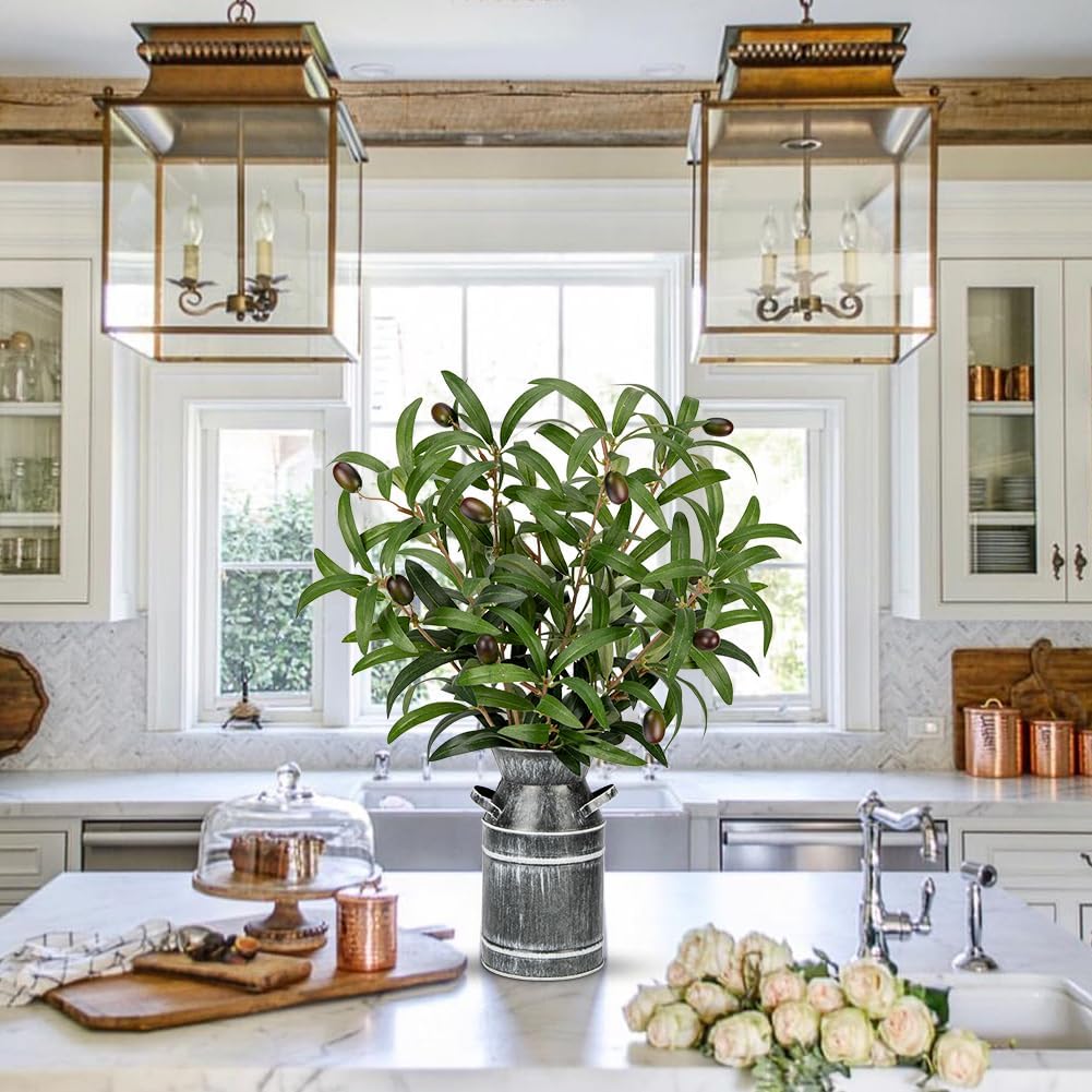 Artificial Olive Branches with Rustic Metal Vase 19in Realistic Faux Olive Greenery Stems Faux Potted Plant Room