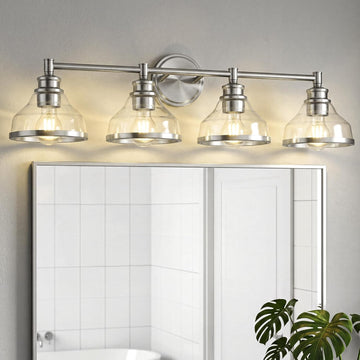4-Light Brushed Nickel Vanity Light, Clear Glass Shade | 33" bathroom light fixtures over mirror, upward or downward