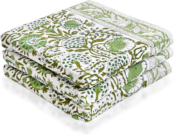 Agate Green Hand Block Print Waffle Kitchen Towel Set of 3-16 x 28 Inch Ultra Absorbent Quick Dry Cotton Dish