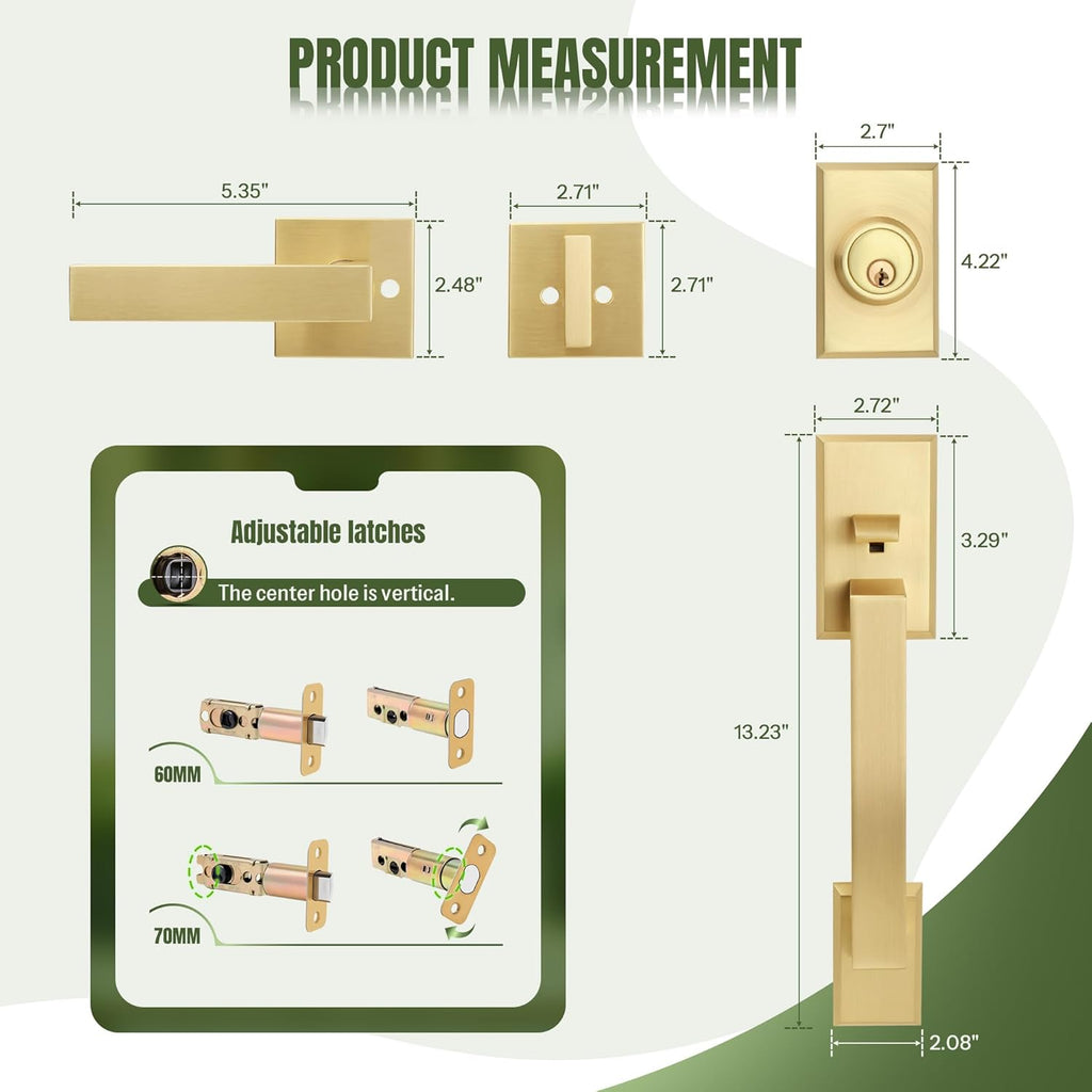 Brushed Gold Square Front Door Handle Set, Heavy Duty Entry Door Handleset with Keys