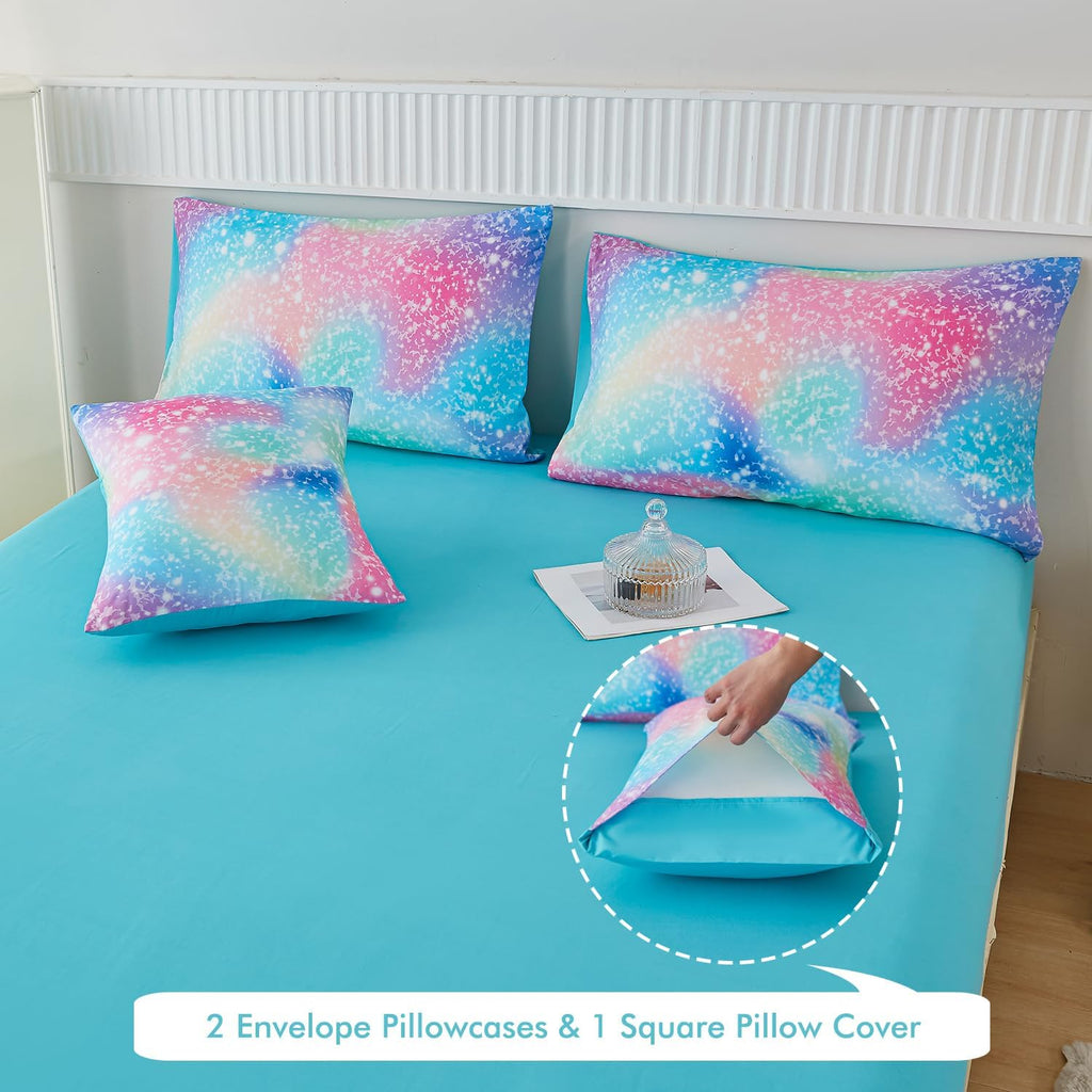 Pink Green Girls Comforter Set, 6 Pieces Colorful Rainbow Kids Bedding Sets, Tie Dye Ombre Glitter Bed in A Bag
