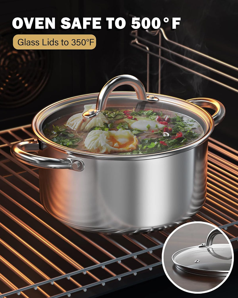 Kitchen Cookware Sets, 12-Piece Basic Stainless Steel Pots and Pans, Silver | Stay-Cool Handle, Induction Compatible