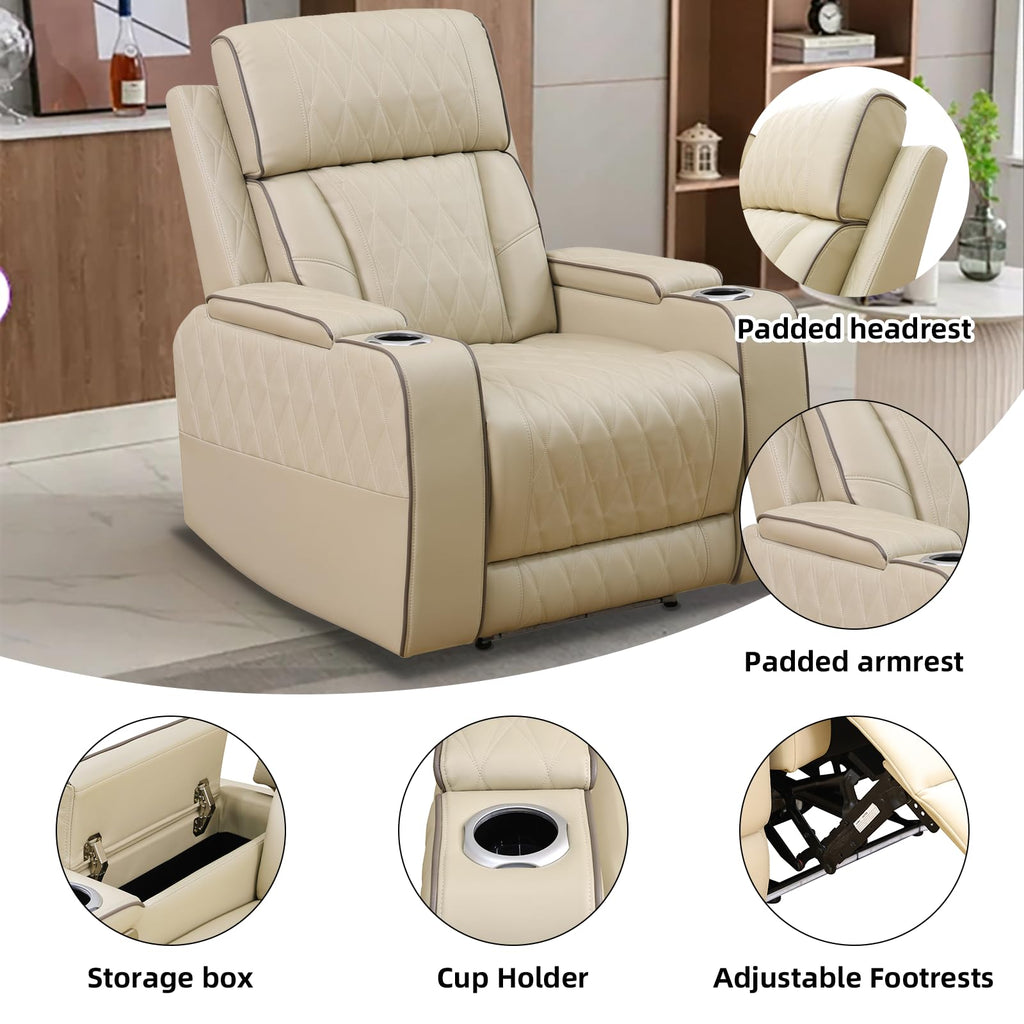 Power Recliner Sectional Sofa with LED Lights, 3 Piece Beige Leather Recliner Love Seat Couches Set with Cup Holders &