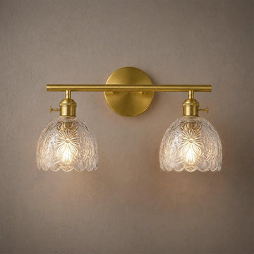 2-Light Bathroom Vanity Light Over Mirror, Brushed Gold Wall Sconce with Clear Floral Glass Shades, Modern Bathroom