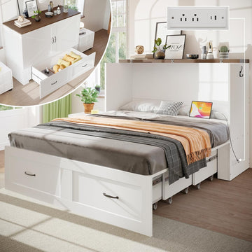 Full Murphy Bed with Storage & Charging Station, Murphy Cabinet Bed with Drawer for Guest Bedroom, Living Room