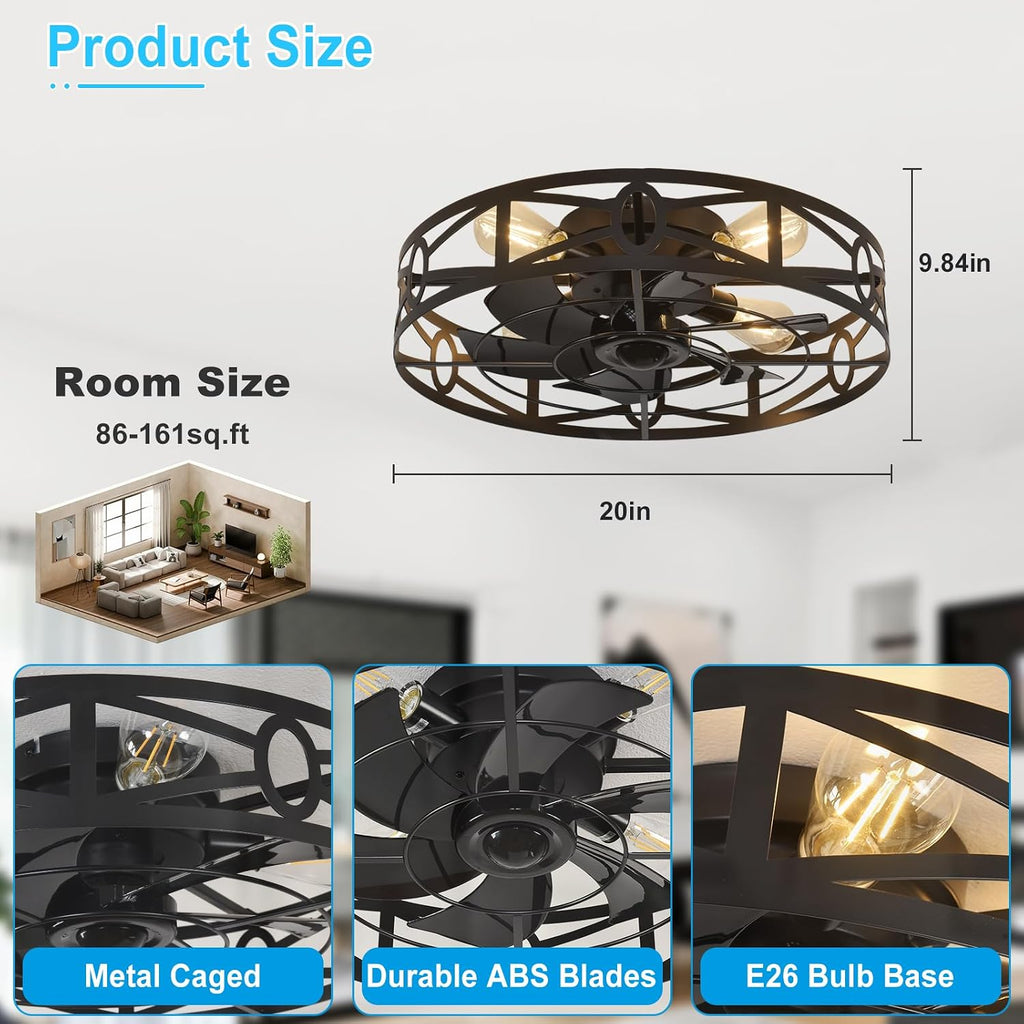 Flush Mount Ceiling Fan: 20" Caged Ceiling Fans with Remote Control - Low Profile Fandelier Lights Fixture Reversible