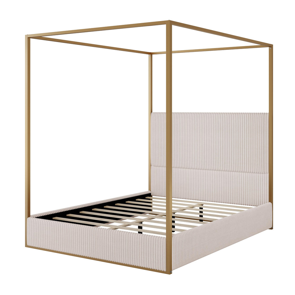 Luxury Queen Metal Canopy Bed with Tall Upholstered Headboard, Beige