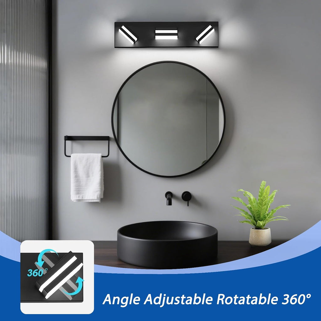 LED Modern Bathroom Lights Fixtures(3-Light,Dimmable,360°Rotate),Matte Black Acrylic Wall Lighting,Vanity Lights Over