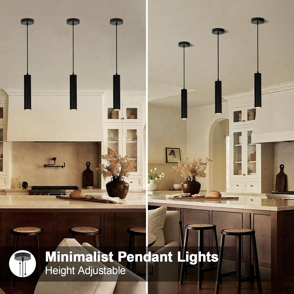 Modern Black Pendant Lights 2 Pack, LED Minimalist Pendant Lighting Fixture for Kitchen Island, Long Tube Hanging