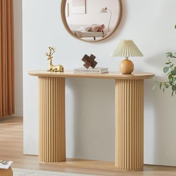 Fluted Console Table, Farmhouse Oval Curved Entryway Table with Storage and Fluted Wood Legs, Narrow Sofa Table Small