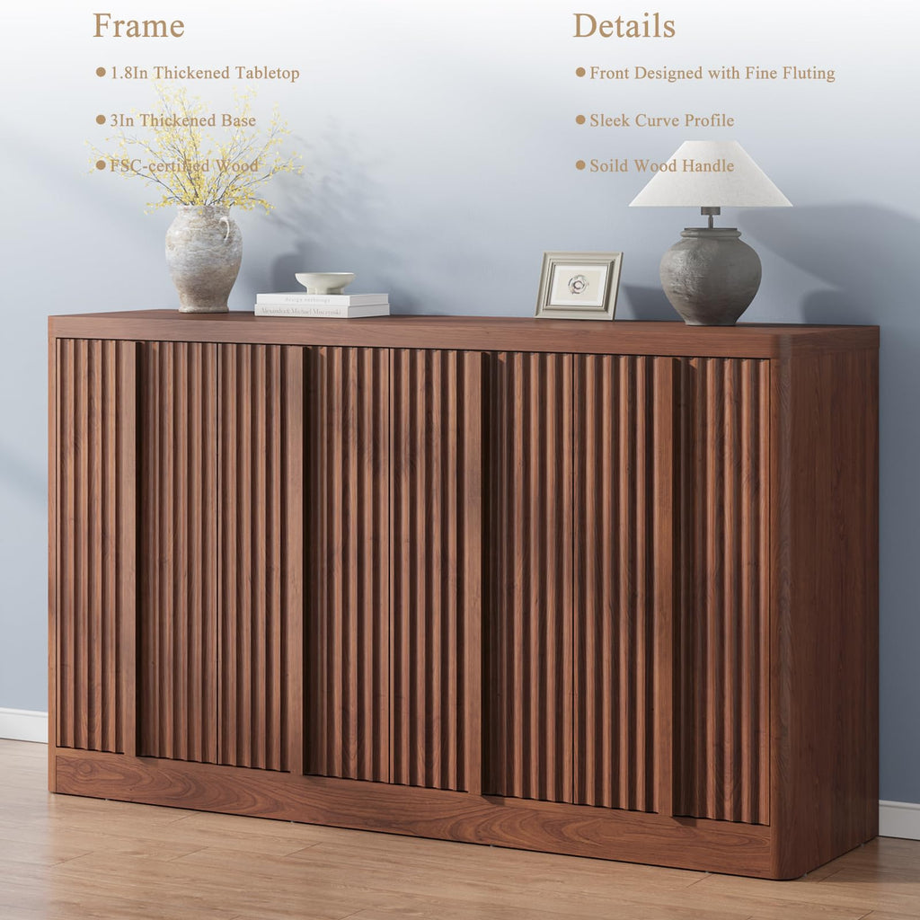 Fluted Buffet Cabinet with Storage, 60" Sideboard Buffet Storage Cabinet with 4 Doors & Adjustable Shelves, Wood
